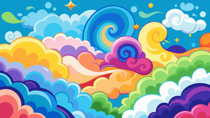 Vector art of a fantastical sky featuring a swirling blue and pink cloud formation amidst a vibrant landscape of colorful abstract clouds
