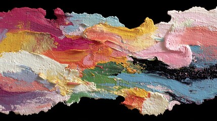 Fluid acrylic strokes layered with blot texture on a deep black background filled with raw canvas detail