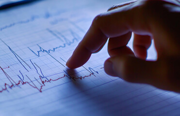 Technologists hand pointing to a ECG Graph quality, and lean value graphics on a ECG graph paper . Medical investigation and graph technology concept