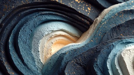 Curving lines and waves created with freeform acrylic pour on thick dark wall with tactile surface