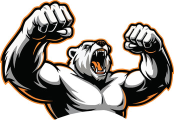 A powerful, roaring polar bear flexes its massive muscles, displaying strength and aggression.