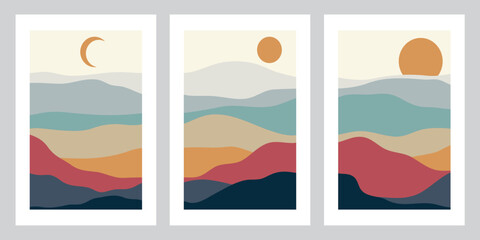 Set of creative abstract mountain landscape and mountain range backgrounds.Mid century modern vector illustrations with hand drawn mountains,sea or lake,sky,sun and moon.Trendy