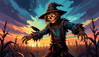 scary scarecrow with a wide stitched smile, patchy clothes, crow perched on its arm, and long claws