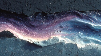 Abstract strip waves of acrylic pigment layered across scratchy black wall in a canvas grain setting