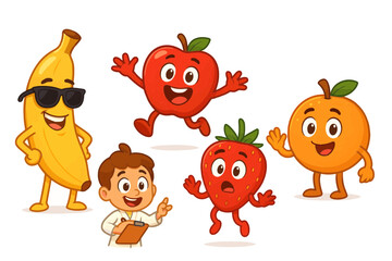Happy Cartoon Fruits with Child Apple, Banana, Orange, and Strawberry Character Illustrations