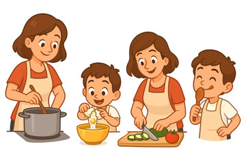 Family Cooking Together A Cartoon Illustration of Shared Meal Preparation and Happy Moments in the Kitchen