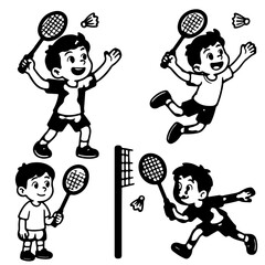 Energetic Boy Badminton Players Cartoon Illustration of Badminton Action with Shuttlecocks and Nets, Ideal for Sports-themed Designs