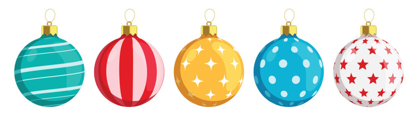 Christmas balls clipart set. Colorful pattern xmas ball like spiral, stars and dot clip art for Christmas decoration bauble and sphere elements collection vector illustration.
