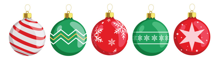 Christmas balls printed and pattern clipart set. Green and red xmas ball decoration elements clip art with spiral, curve, snowflakes and star graphic design collection for holiday season vector 