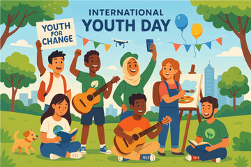 girls and boys celebrating Internattional youth day in a park with doing their favorite hobby