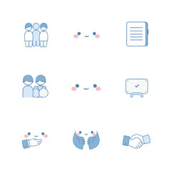Delicate Business Icon Set Emoticons, Documents, Handshakes, and Groups in Light Blue on White