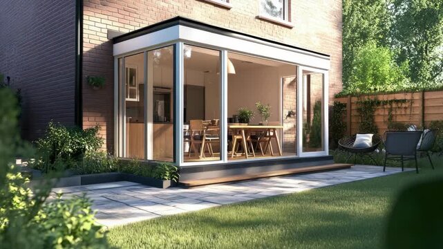 Modern outdoor living room with glass walls and sunroom extension to brick house. Furnished with patio seating, garden area, luxury design.