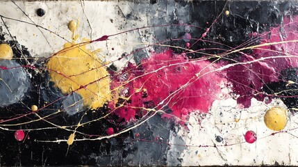Mixed media abstract using thick acrylic lines over black relief surface with visible grunge patterns