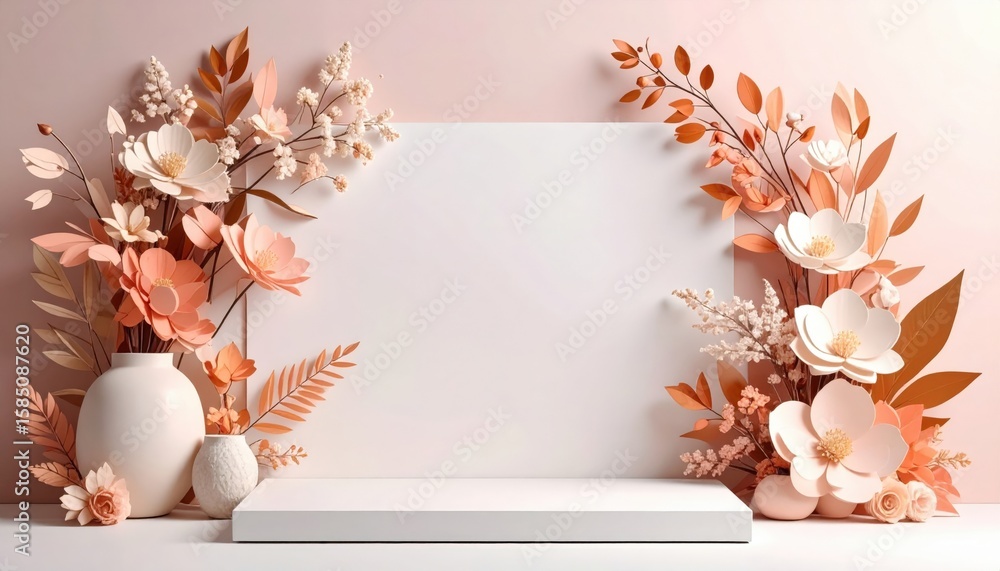 Poster elegant floral arrangement display with blank canvas studio setting digital art warm color palette c