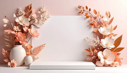 Elegant floral arrangement display with blank canvas studio setting digital art warm color palette close-up perspective creative concept