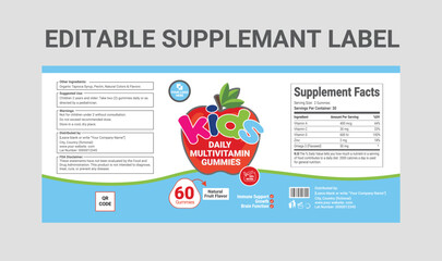 Kids Supplement Label Template, Gummy Vitamin Packaging Design