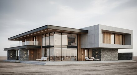 Modern luxury house with large glass windows