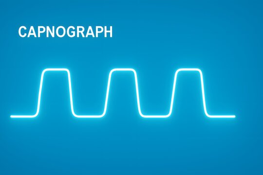 digital illustration of glowing capnograph waveform on blue background, representing co₂ monitoring in patient ventilation and anesthesia care
