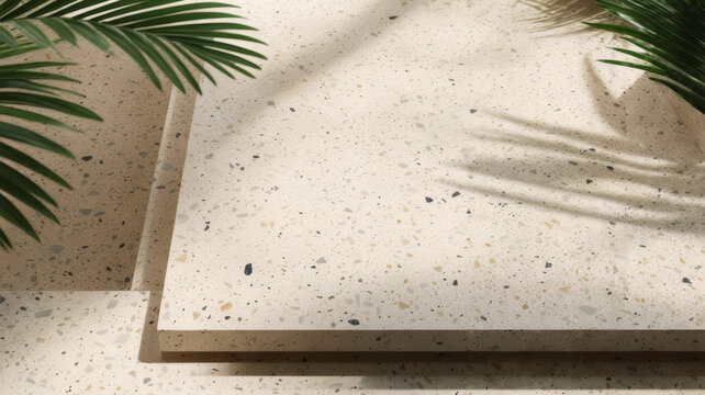 beige terrazzo platform with palm leaves and shadows