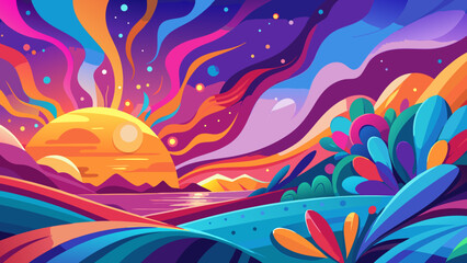 Obraz premium Vector art of a surreal landscape under a vibrant, swirling sky with a glowing sun and abstract colorful elements