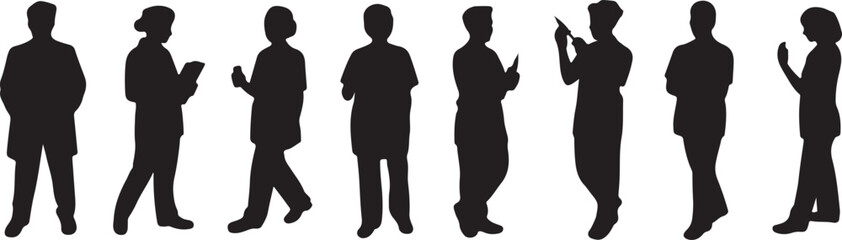 Diverse group of people in silhouette holding objects and interacting silhouettes vector, isolated on white background, cutout, png, clipping path, transparent, image, download, 2025,2026 download