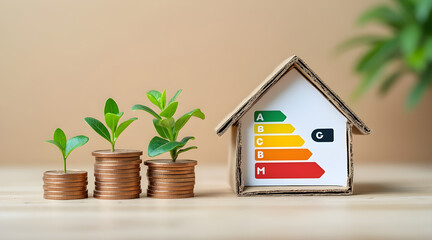 Growing green shoots from stacks of coins next to a cardboard house with an energy efficiency rating scale
