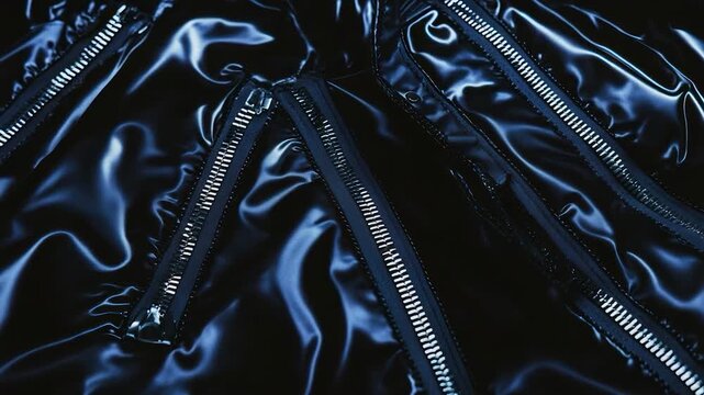 Close-up of a dark blue, shiny jacket with multiple zippers