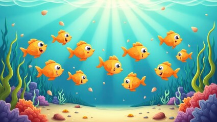 Naklejka premium School of cheerful, orange fish swimming in an underwater scene.