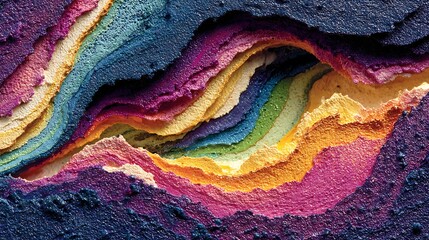 Flowing paint forms in neon tones curving over grainy canvas relief with intense contrast background