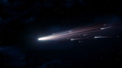 Comet with shooting stars and meteors in the sky. Bright tail of a comet with cosmic dust. Celestial body.