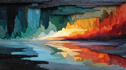 Color stream composition with dripping acrylics and wavy lines layered on canvas in blackwashed setting