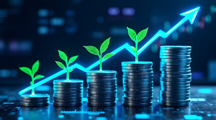 Green sprouts grow from stacks of coins symbolizing financial growth and investment success with a bright blue upward trend arrow