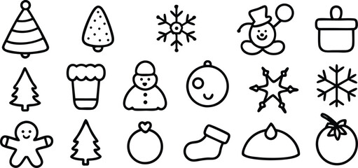 Vector art of a delightful set of christmas and winter holiday icons including trees, snowmen, and festive decorations isolated on transparent background.
