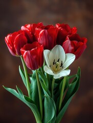 A bouquet of red and white tulips with green stems and leaves against a brown blurred background.