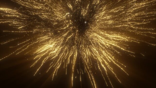 4K Golden Glitter Particle Explosion Abstract Light Burst Background Animation Video. Gold particles isolated on black. Trend effect for motion design, overlays, intros, or festive visuals.