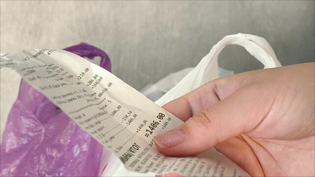 a paper receipt in a woman's hands, shopping bags in the background. Shopping. Price increase.