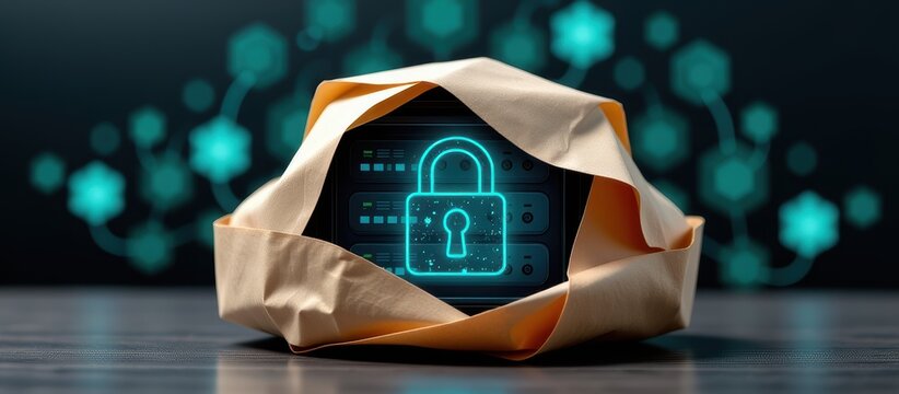 Ransomware protection concept. Digital lock concept wrapped in paper, symbolizing security and technology.