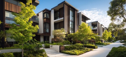 The modern residential buildings surrounded by lush landscaping on a sunny day.