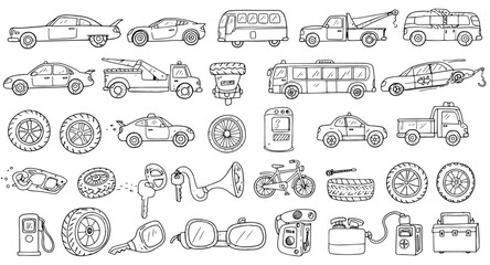Hand-drawn car and vehicle doodle collection with automotive parts