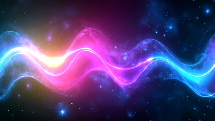 A captivating abstract background showcases vibrant pink and blue light waves pulsating and intertwining in a cosmic setting with scattered glowing particles. - Powered by Adobe