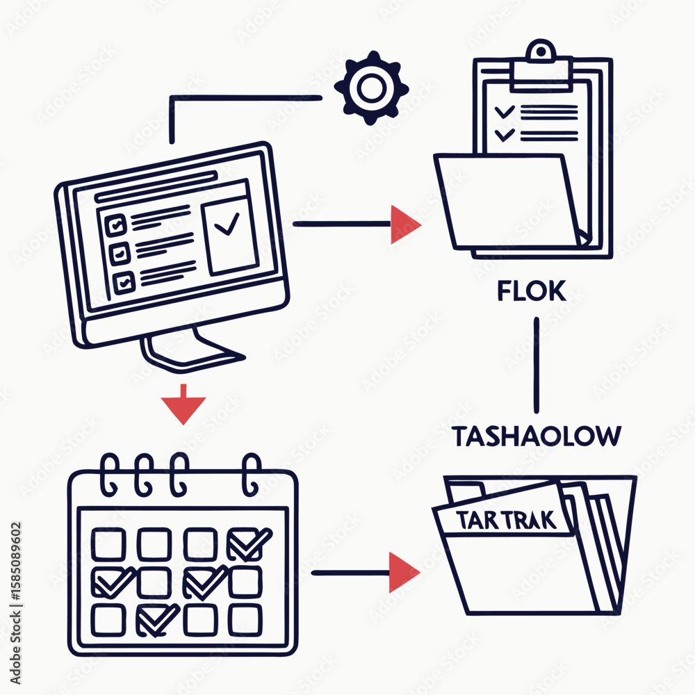 Aufkleber workflow diagram showing computer screen calendar clipboard and folders illustrating process managem