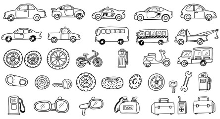 Hand-drawn doodle collection of vehicles, automotive parts, and car maintenance tools