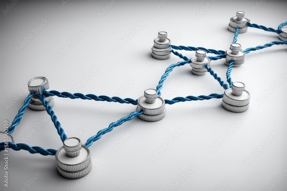 Poster intricate network design featuring interlinked metallic connectors complemented by vibrant blue rope