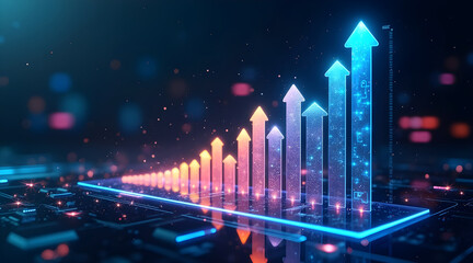 Futuristic glowing digital bar graph with upward trending arrows symbolizing financial growth and technological advancement on a dark background