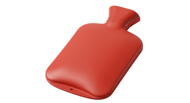 Bright red rubber hot water bottle on white background for warmth  