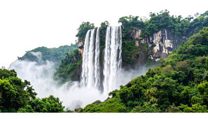 A tall cascading waterfall with mist rising around it, isolated on a white background png form