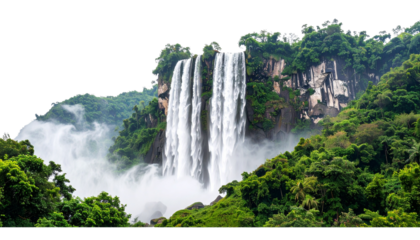 A tall cascading waterfall with mist rising around it, isolated on a white background png form