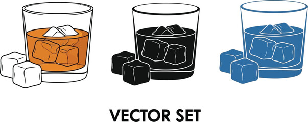 Three glasses of whiskey with ice cubes displayed in a vector art style with orange, black, and blue coloring create a versatile set.