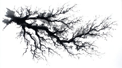 black ink painting of abstract tree branches on white canvas. 