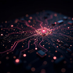 Close-up of abstract neural network circuit board glowing with electric signals, deep black background, AI brain visualization, futuristic technology layout, ultra-detailed, no humans